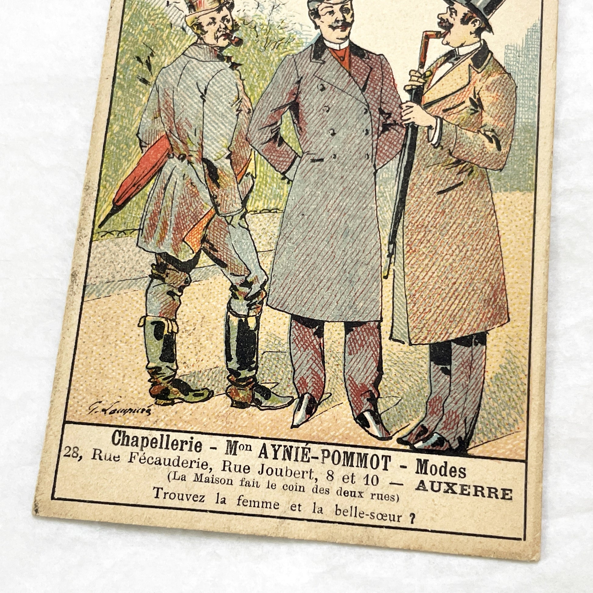 Late 19th - 2 French Advertising Cards - Men's Fashion - Hat Shop - Auxerre Vintage Collectible Trade Cards - Belle Époque Ephemera