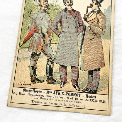 Late 19th - 2 French Advertising Cards - Men's Fashion - Hat Shop - Auxerre Vintage Collectible Trade Cards - Belle Époque Ephemera