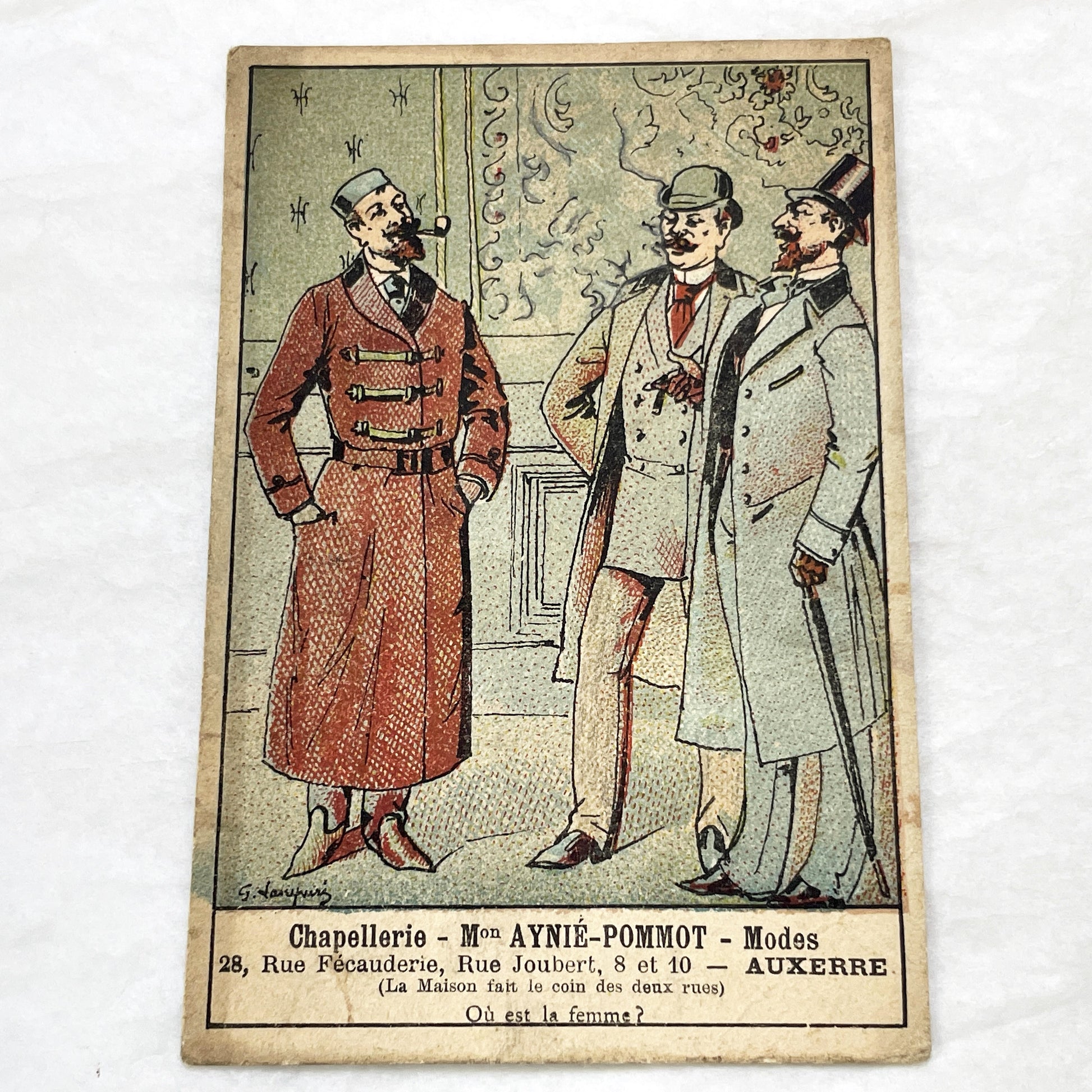 Late 19th - 2 French Advertising Cards - Men's Fashion - Hat Shop - Auxerre Vintage Collectible Trade Cards - Belle Époque Ephemera
