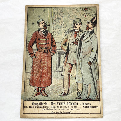 Late 19th - 2 French Advertising Cards - Men's Fashion - Hat Shop - Auxerre Vintage Collectible Trade Cards - Belle Époque Ephemera