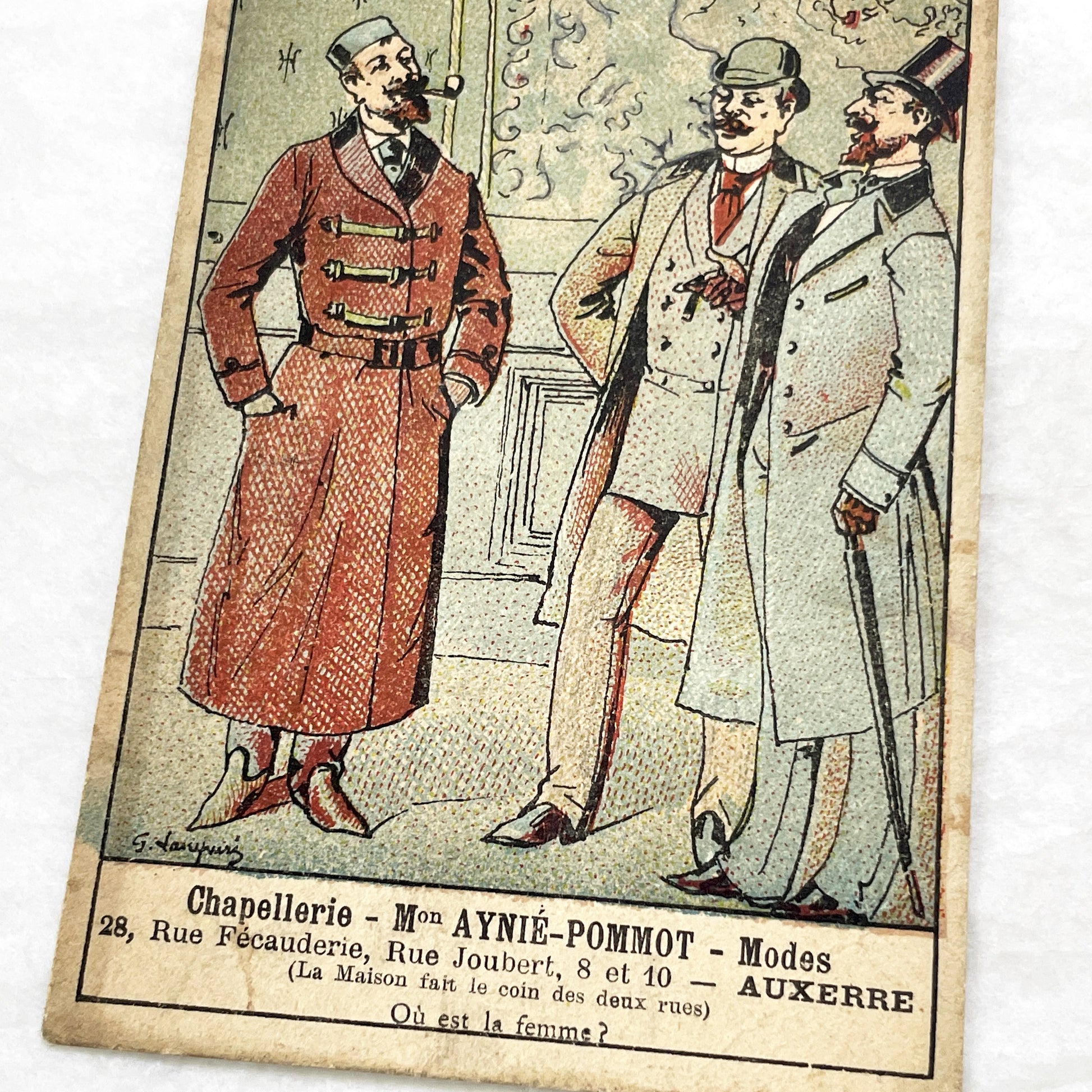 Late 19th - 2 French Advertising Cards - Men's Fashion - Hat Shop - Auxerre Vintage Collectible Trade Cards - Belle Époque Ephemera