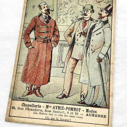 Late 19th - 2 French Advertising Cards - Men's Fashion - Hat Shop - Auxerre Vintage Collectible Trade Cards - Belle Époque Ephemera