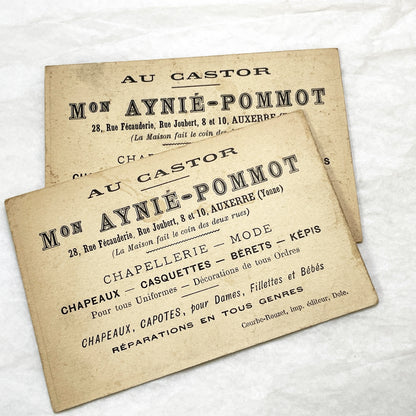 Late 19th - 2 French Advertising Cards - Men's Fashion - Hat Shop - Auxerre Vintage Collectible Trade Cards - Belle Époque Ephemera