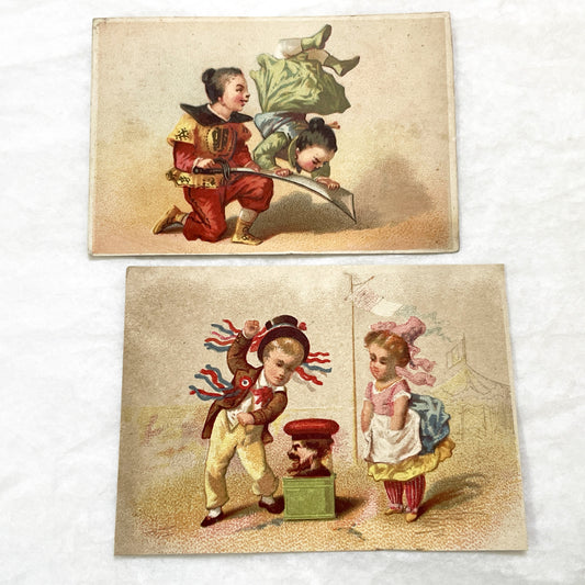 Late 19th - 2 Vintage Children's Chromo Cards - Playful Orientalist & Circus Themed Illustrations - Antique Collectible Art Prints