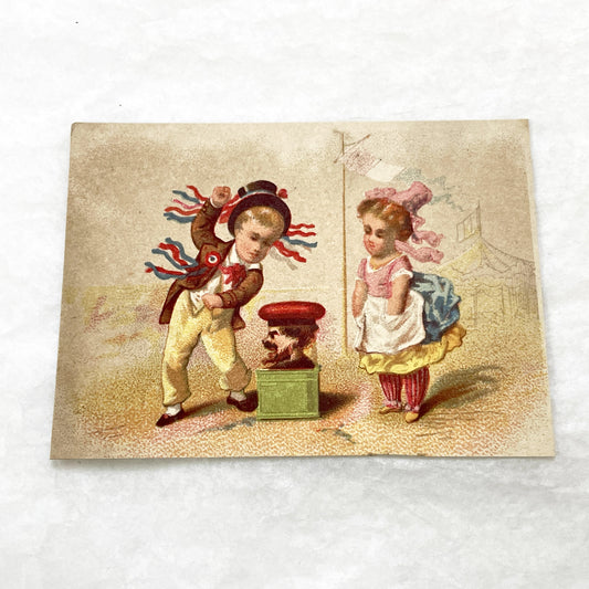Late 19th - 2 Vintage Children's Chromo Cards - Playful Orientalist & Circus Themed Illustrations - Antique Collectible Art Prints