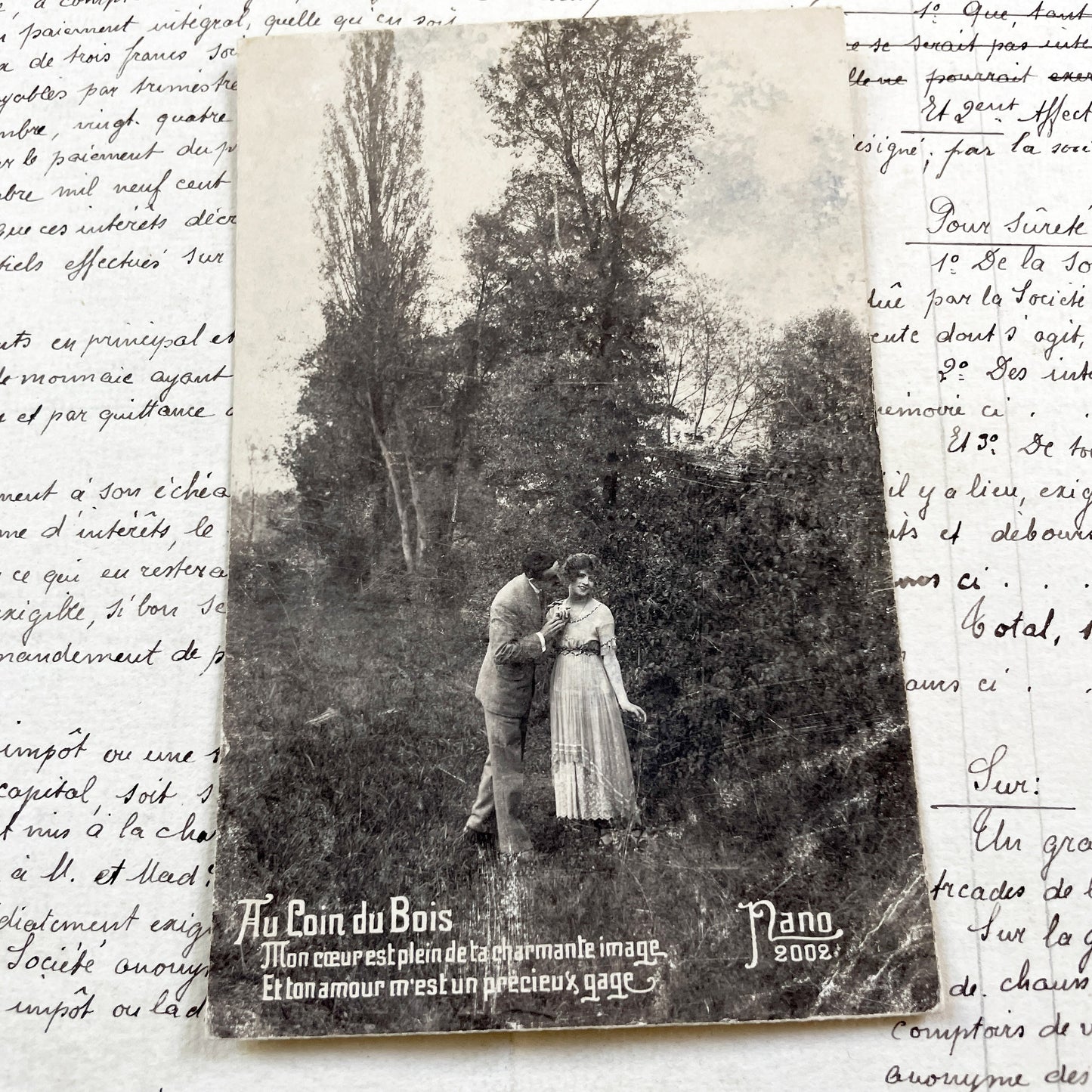 1920s - Antique Romantic Couple Postcard - Vintage French Lovers Photo - Woodland Kiss Scene - Sentimental Belle Époque Ephemera