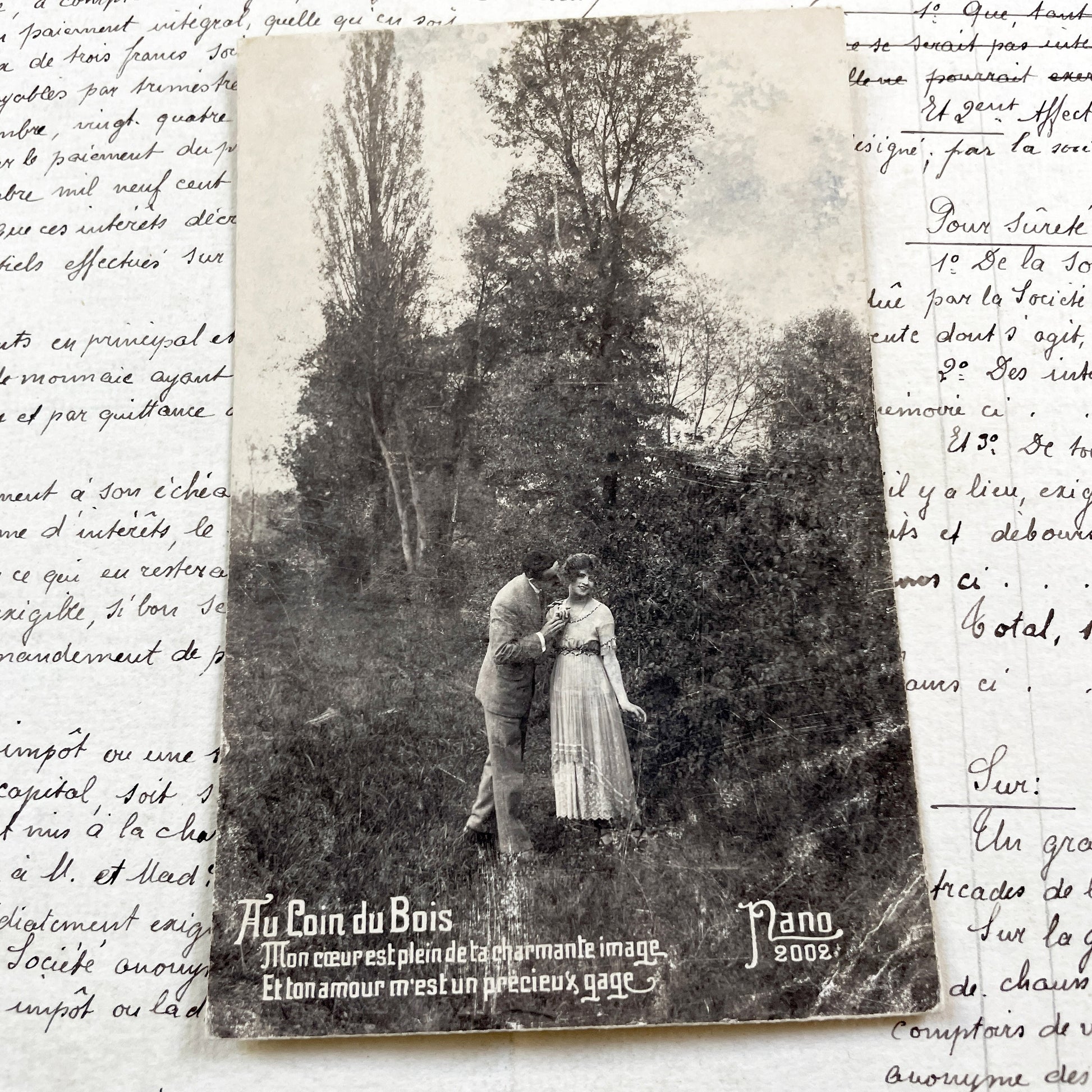 1920s - Antique Romantic Couple Postcard - Vintage French Lovers Photo - Woodland Kiss Scene - Sentimental Belle Époque Ephemera