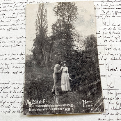 1920s - Antique Romantic Couple Postcard - Vintage French Lovers Photo - Woodland Kiss Scene - Sentimental Belle Époque Ephemera