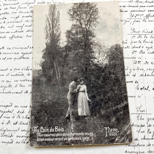 1920s - Antique Romantic Couple Postcard - Vintage French Lovers Photo - Woodland Kiss Scene - Sentimental Belle Époque Ephemera