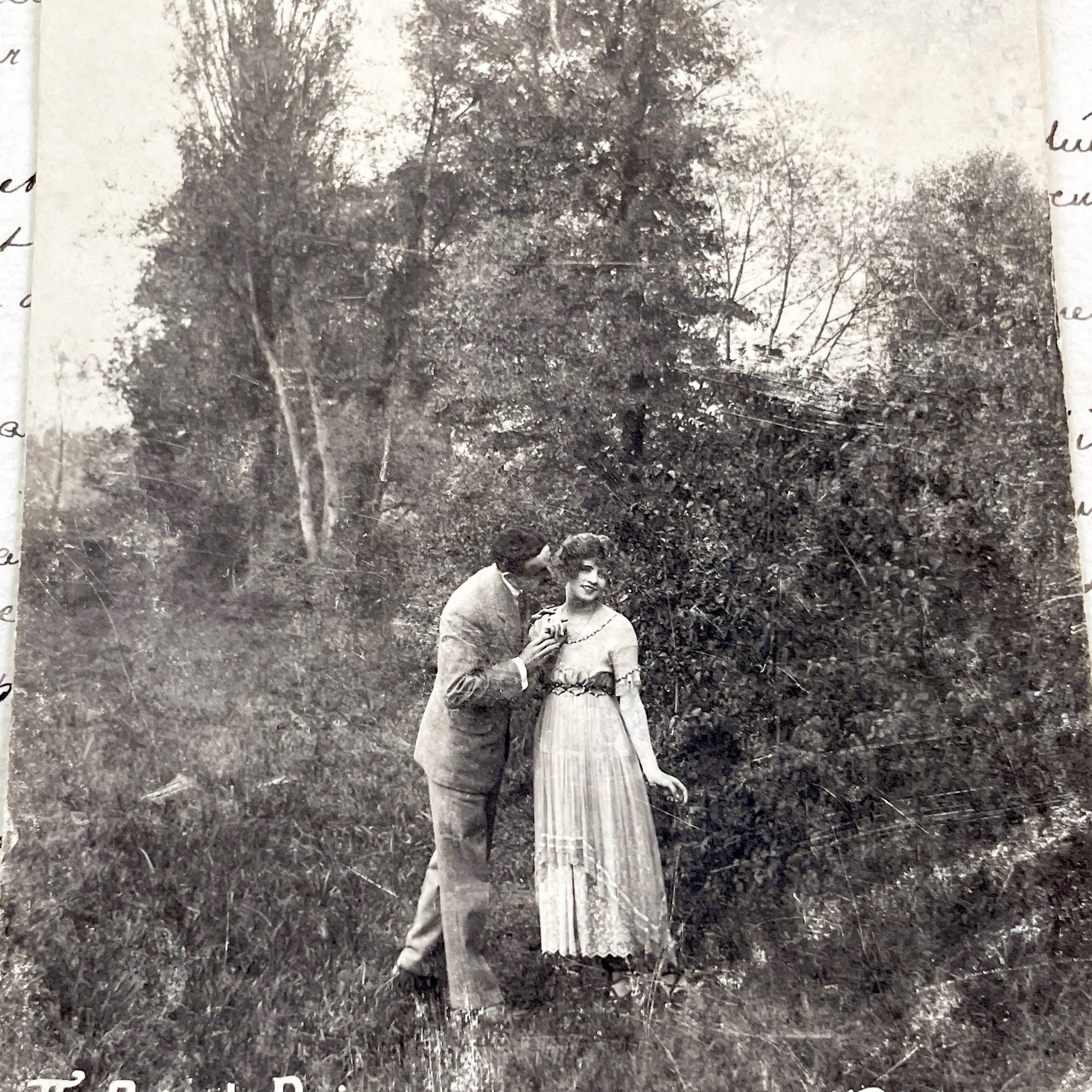 1920s - Antique Romantic Couple Postcard - Vintage French Lovers Photo - Woodland Kiss Scene - Sentimental Belle Époque Ephemera