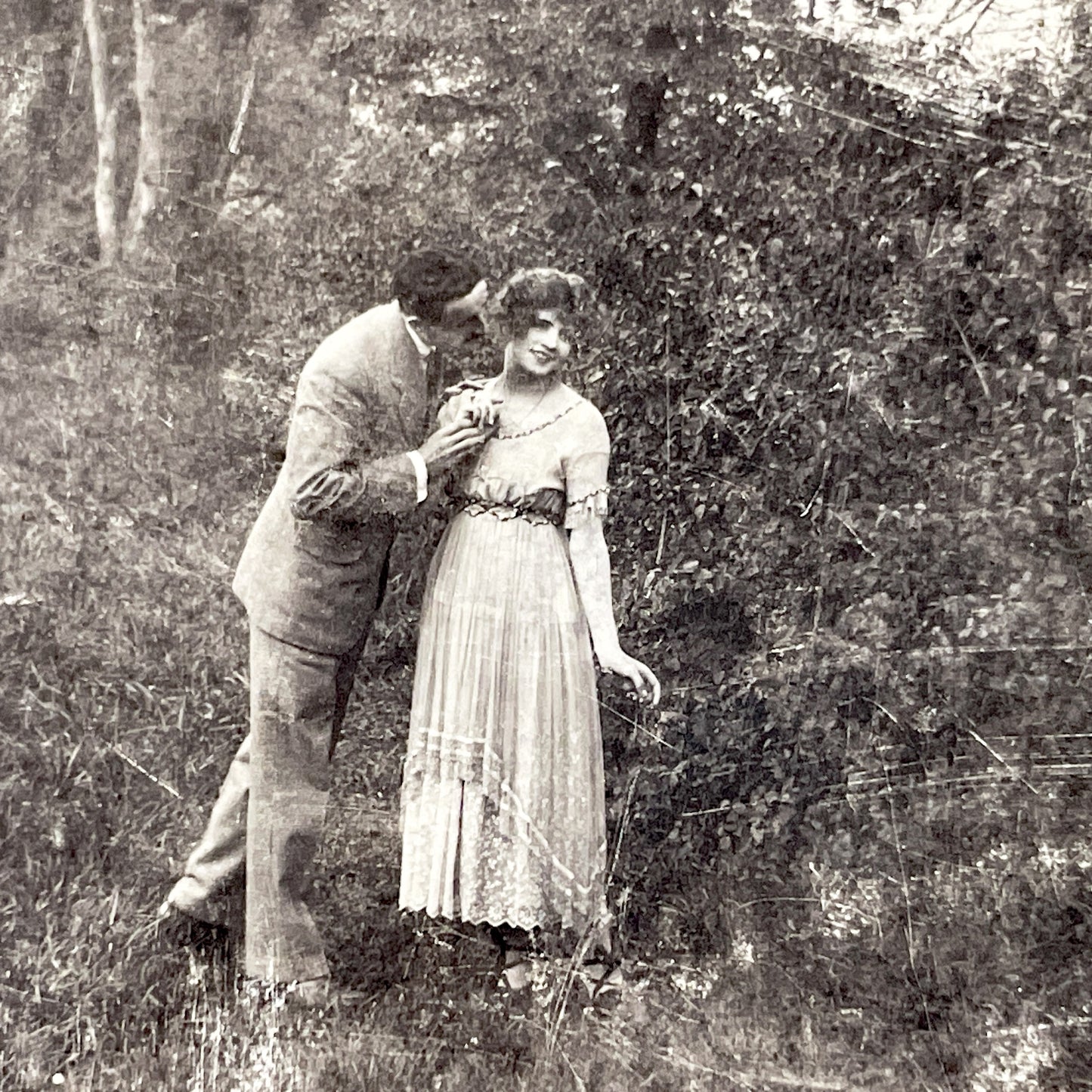 1920s - Antique Romantic Couple Postcard - Vintage French Lovers Photo - Woodland Kiss Scene - Sentimental Belle Époque Ephemera