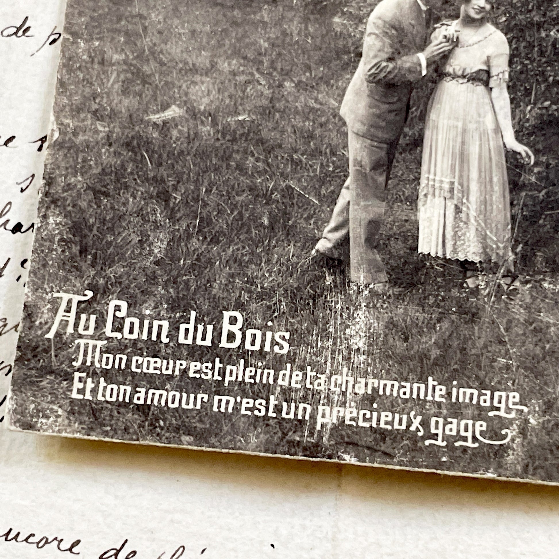1920s - Antique Romantic Couple Postcard - Vintage French Lovers Photo - Woodland Kiss Scene - Sentimental Belle Époque Ephemera