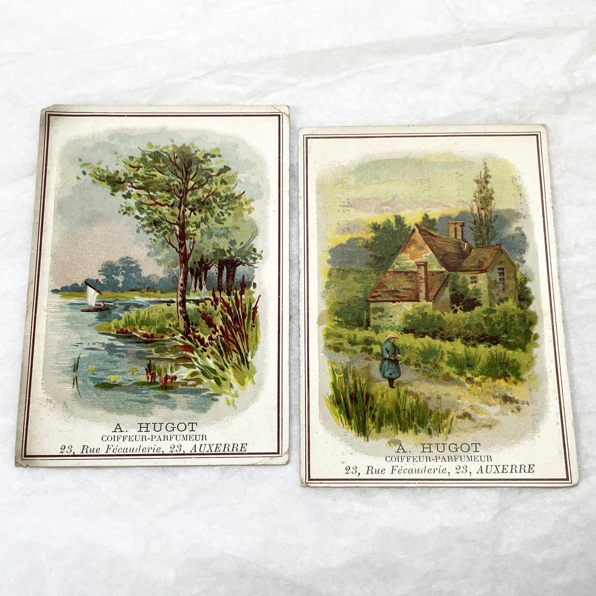 Late 19th - 2 Antique French Advertising Trade Cards - Chromolithography - Coiffeur-Parfumeur A. Hugot Auxerre - Vintage Ephemera Art