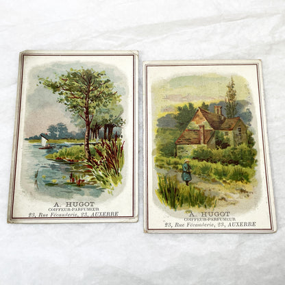 Late 19th - 2 Antique French Advertising Trade Cards - Chromolithography - Coiffeur-Parfumeur A. Hugot Auxerre - Vintage Ephemera Art