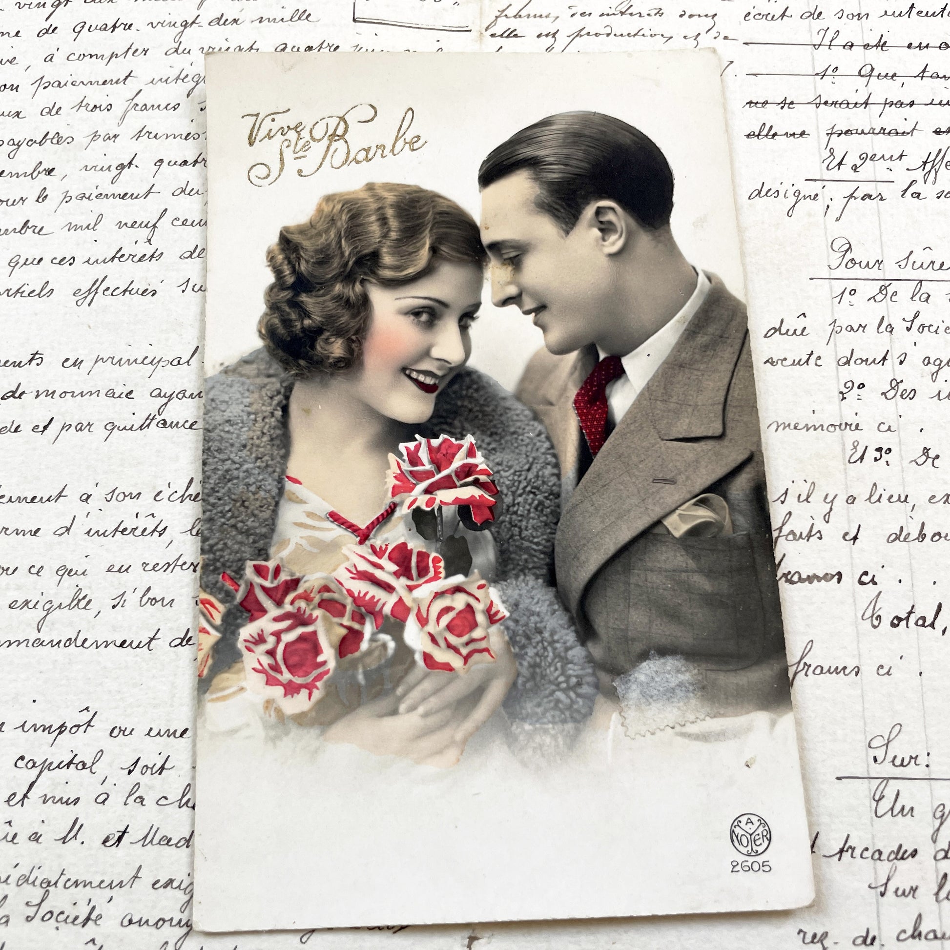 1920s - Vintage French Postcard - Romantic Couple Photo - Hand-Tinted Roses - Art Deco Era Love - Antique Ephemera Collectible