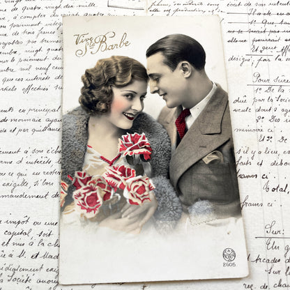 1920s - Vintage French Postcard - Romantic Couple Photo - Hand-Tinted Roses - Art Deco Era Love - Antique Ephemera Collectible