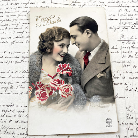 1920s - Vintage French Postcard - Romantic Couple Photo - Hand-Tinted Roses - Art Deco Era Love - Antique Ephemera Collectible