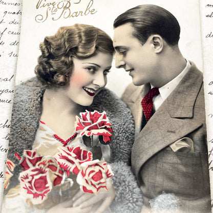 1920s - Vintage French Postcard - Romantic Couple Photo - Hand-Tinted Roses - Art Deco Era Love - Antique Ephemera Collectible