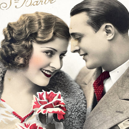 1920s - Vintage French Postcard - Romantic Couple Photo - Hand-Tinted Roses - Art Deco Era Love - Antique Ephemera Collectible