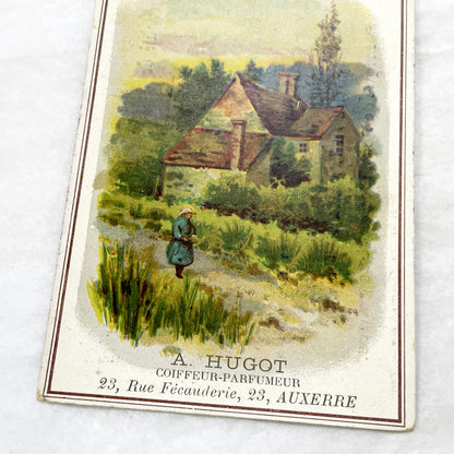 Late 19th - 2 Antique French Advertising Trade Cards - Chromolithography - Coiffeur-Parfumeur A. Hugot Auxerre - Vintage Ephemera Art