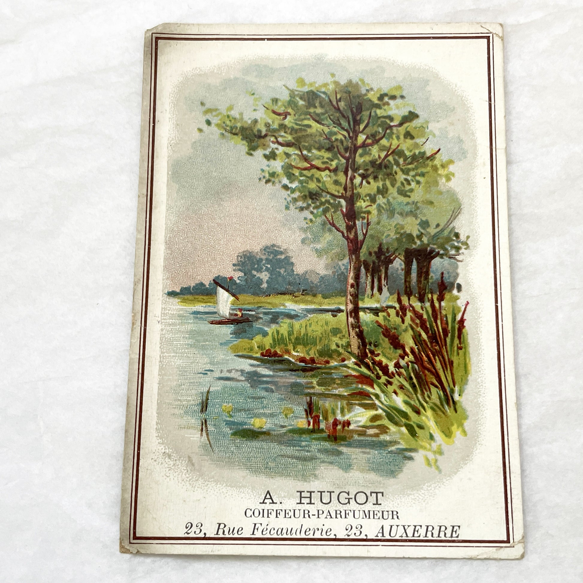 Late 19th - 2 Antique French Advertising Trade Cards - Chromolithography - Coiffeur-Parfumeur A. Hugot Auxerre - Vintage Ephemera Art