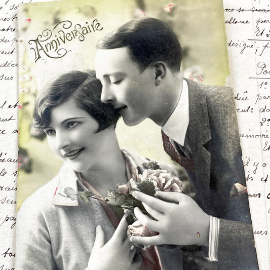 1920s - Romantic French Postcard - Vintage Couple Whispering Secrets - Hand-Colored Anniversary Greeting Card - Love Ephemera Collectible