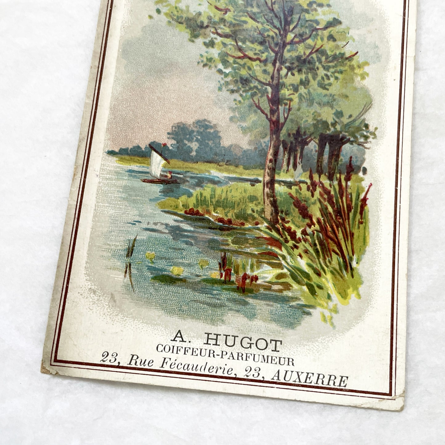 Late 19th - 2 Antique French Advertising Trade Cards - Chromolithography - Coiffeur-Parfumeur A. Hugot Auxerre - Vintage Ephemera Art