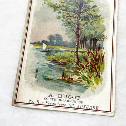 Late 19th - 2 Antique French Advertising Trade Cards - Chromolithography - Coiffeur-Parfumeur A. Hugot Auxerre - Vintage Ephemera Art