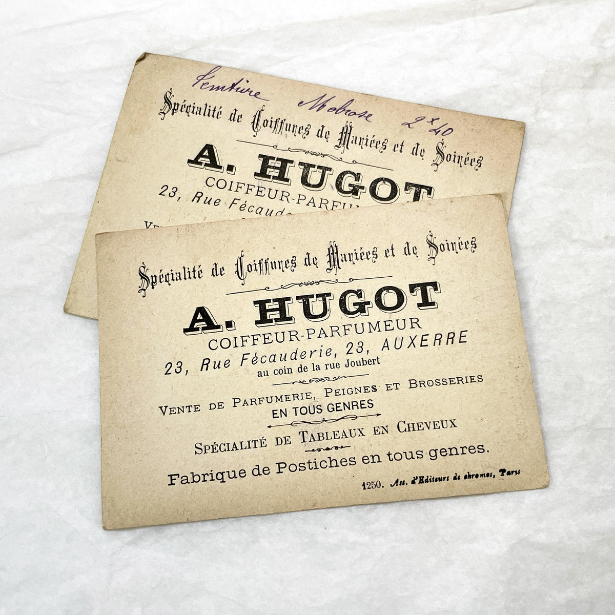 Late 19th - 2 Antique French Advertising Trade Cards - Chromolithography - Coiffeur-Parfumeur A. Hugot Auxerre - Vintage Ephemera Art