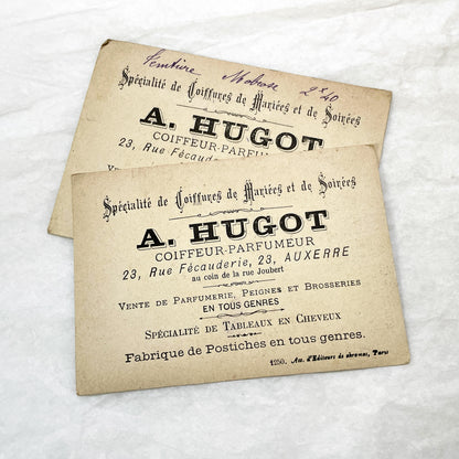 Late 19th - 2 Antique French Advertising Trade Cards - Chromolithography - Coiffeur-Parfumeur A. Hugot Auxerre - Vintage Ephemera Art