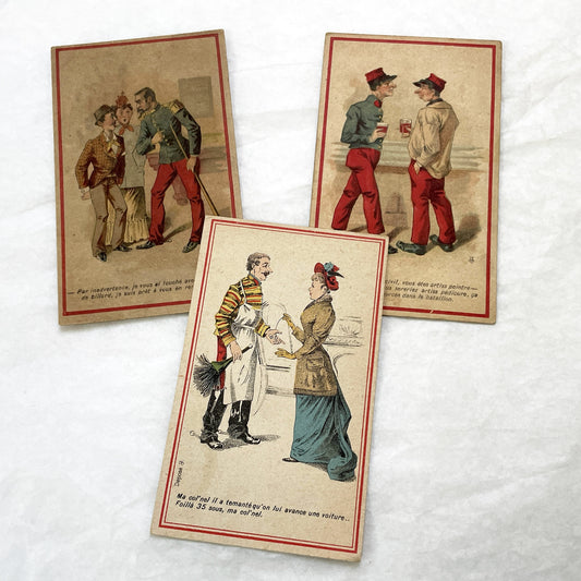 1900s - 3 French Advertising Cards - Humorous Chromos - Vintage Parisian Dry Cleaner Business Cards - Collectible Ephemera