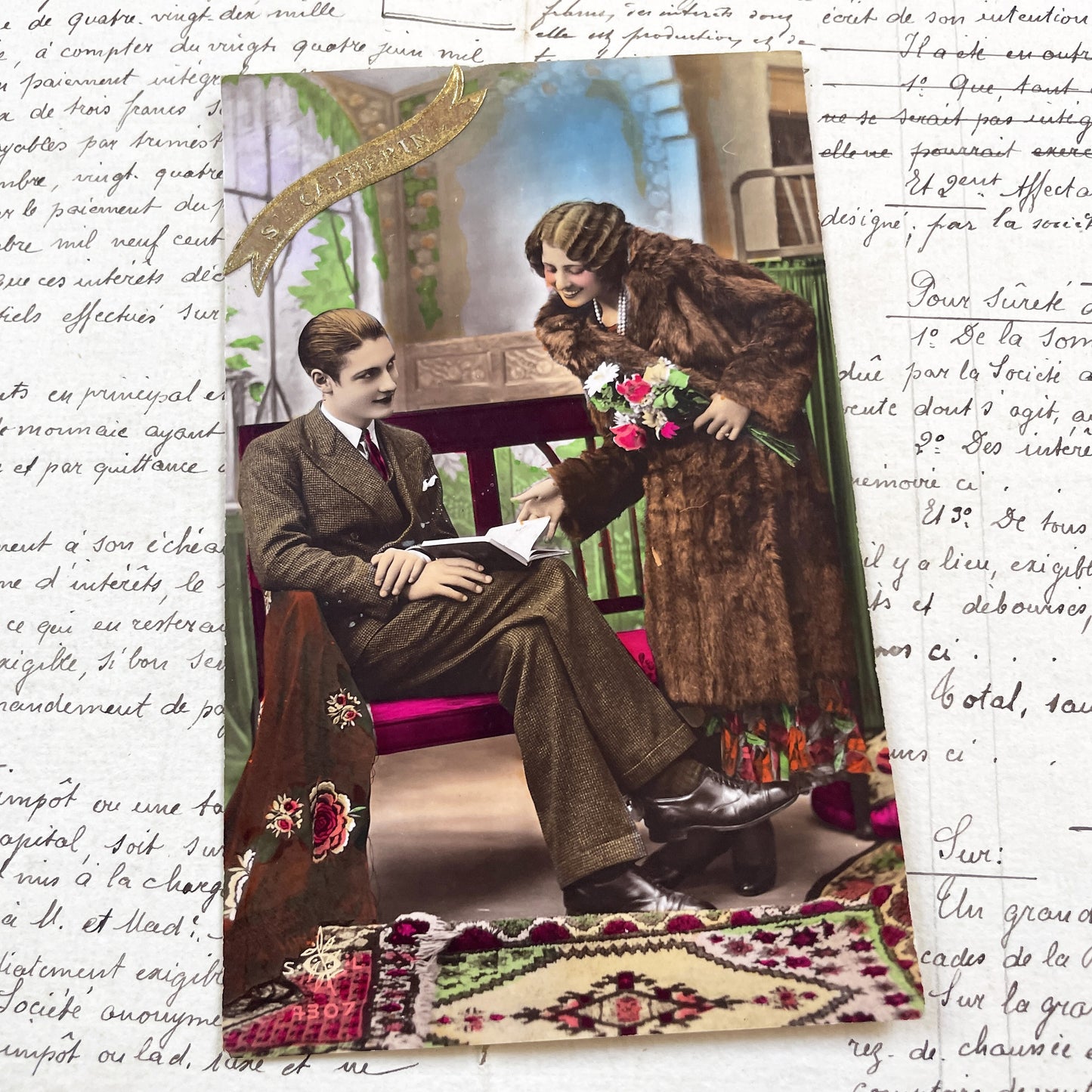 1920s - Vintage French New Year Postcard - Elegant Couple - Man Reading Book - Hand-Tinted - Domestic Bliss - Collectible Ephemera