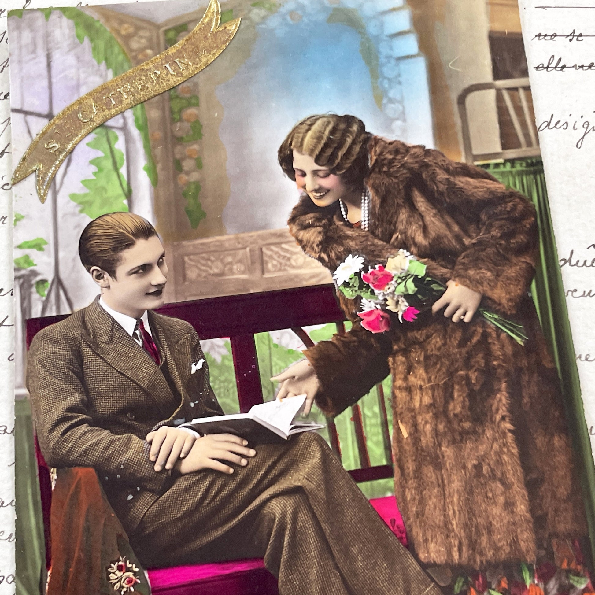 1920s - Vintage French New Year Postcard - Elegant Couple - Man Reading Book - Hand-Tinted - Domestic Bliss - Collectible Ephemera