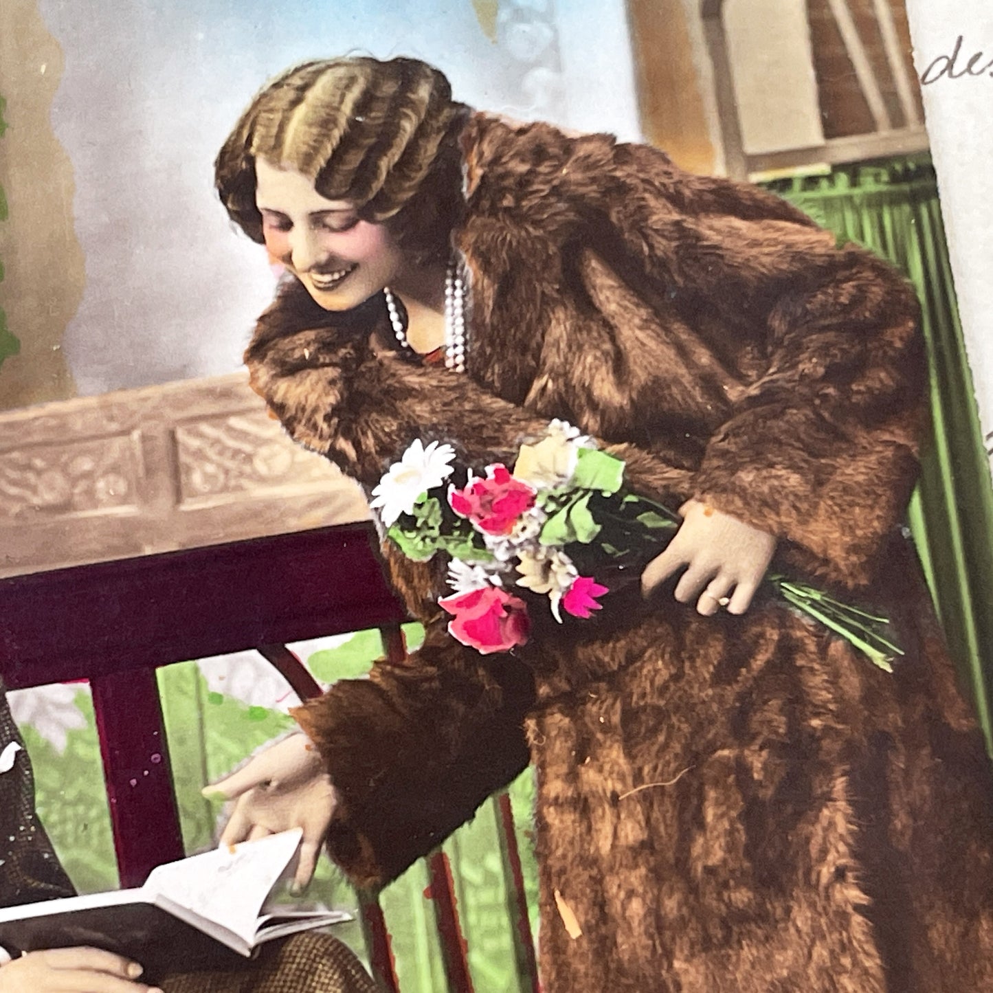 1920s - Vintage French New Year Postcard - Elegant Couple - Man Reading Book - Hand-Tinted - Domestic Bliss - Collectible Ephemera