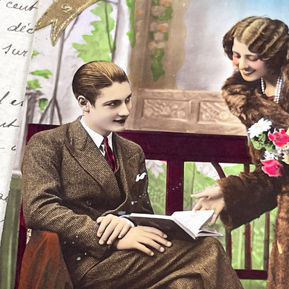 1920s - Vintage French New Year Postcard - Elegant Couple - Man Reading Book - Hand-Tinted - Domestic Bliss - Collectible Ephemera