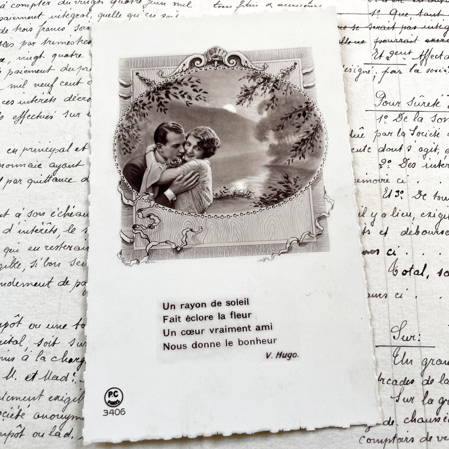 1920s - Antique French Postcard - Romantic Couple Photo - Victor Hugo Quote - Sepia Tone Collectible Ephemera - Vintage Love Sentiment