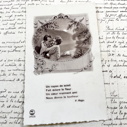 1920s - Antique French Postcard - Romantic Couple Photo - Victor Hugo Quote - Sepia Tone Collectible Ephemera - Vintage Love Sentiment