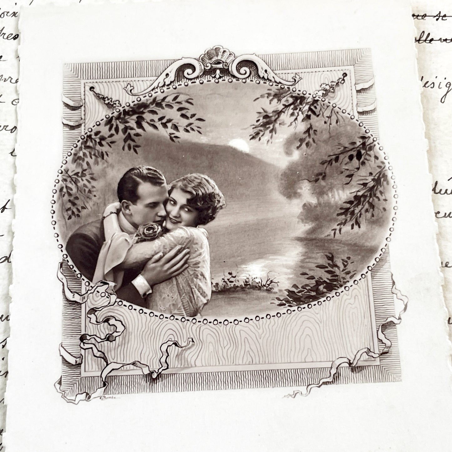1920s - Antique French Postcard - Romantic Couple Photo - Victor Hugo Quote - Sepia Tone Collectible Ephemera - Vintage Love Sentiment