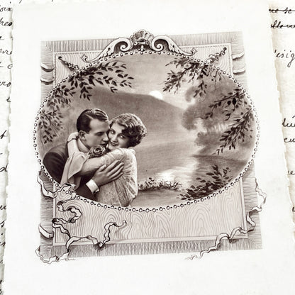 1920s - Antique French Postcard - Romantic Couple Photo - Victor Hugo Quote - Sepia Tone Collectible Ephemera - Vintage Love Sentiment