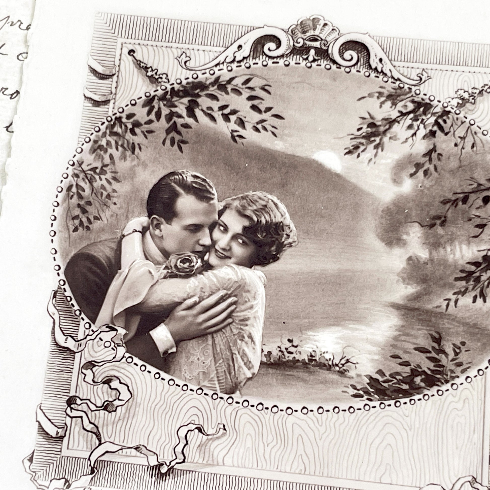 1920s - Antique French Postcard - Romantic Couple Photo - Victor Hugo Quote - Sepia Tone Collectible Ephemera - Vintage Love Sentiment