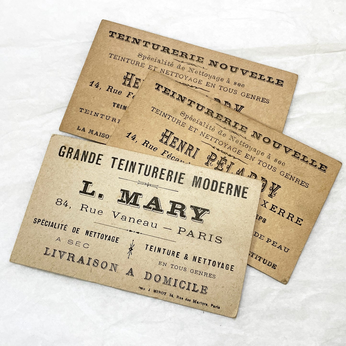 1900s - 3 French Advertising Cards - Humorous Chromos - Vintage Parisian Dry Cleaner Business Cards - Collectible Ephemera