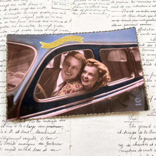 1940s - Vintage French Postcard - Happy Couple Car Ride - San Nicolas Photo - Collectible European Ephemera - Hand Colored Image Art