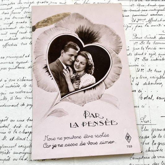 1930s - Vintage French Postcard - Romantic Pansy Flower Heart Frame - Young Couple - Black White Photo - Love - Sentimental Ephemera