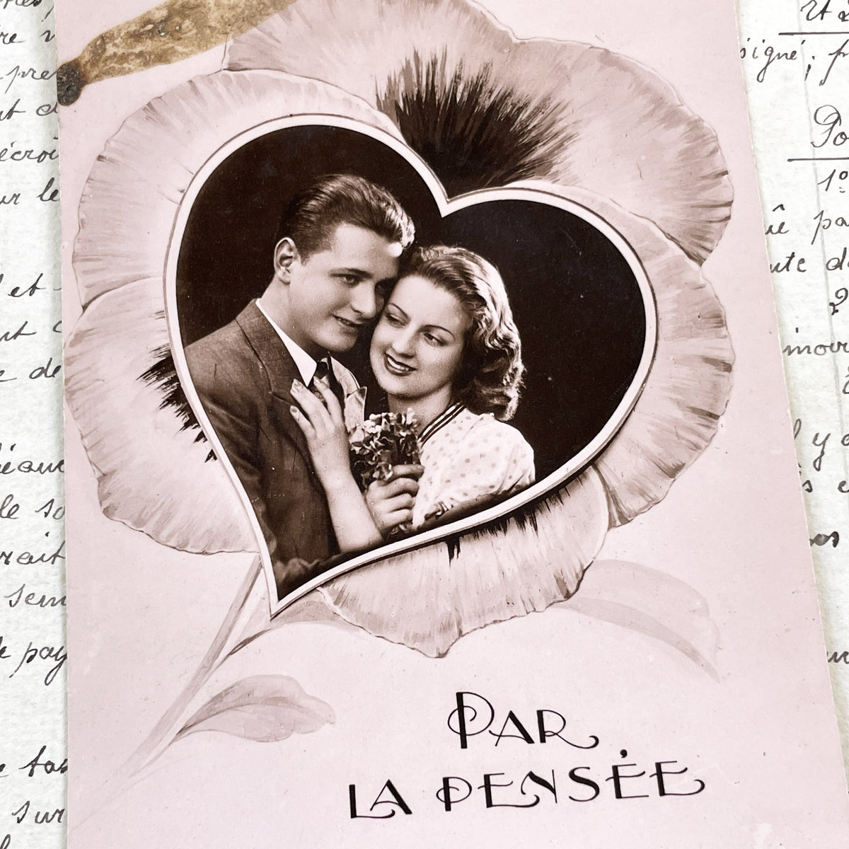 1930s - Vintage French Postcard - Romantic Pansy Flower Heart Frame - Young Couple - Black White Photo - Love - Sentimental Ephemera