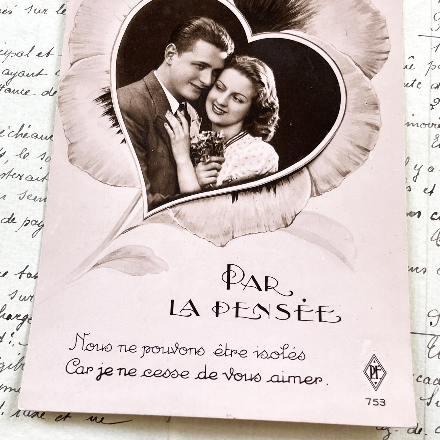 1930s - Vintage French Postcard - Romantic Pansy Flower Heart Frame - Young Couple - Black White Photo - Love - Sentimental Ephemera