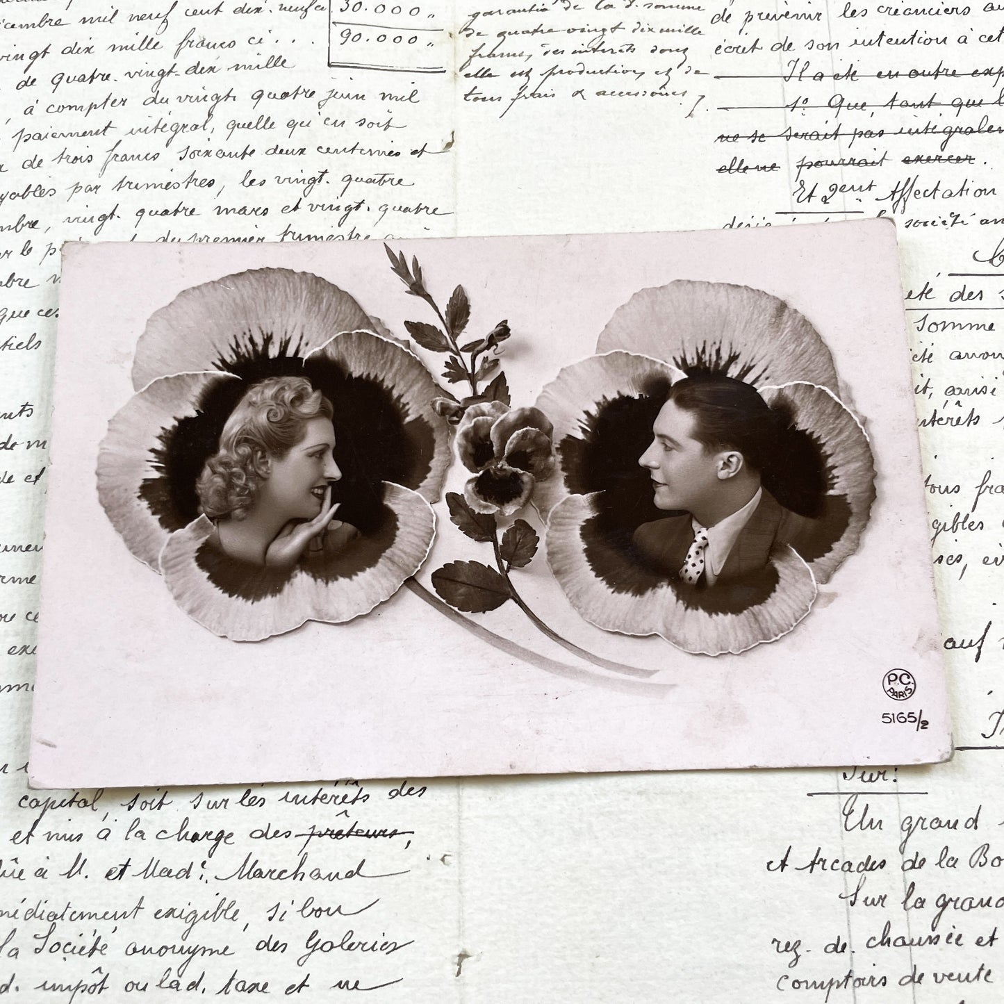 1930s - Vintage French Postcard - Sepia Double Portrait - Man and Woman - Pansy Flower Art Deco Style - P.C. Paris Photo Card - Elegance
