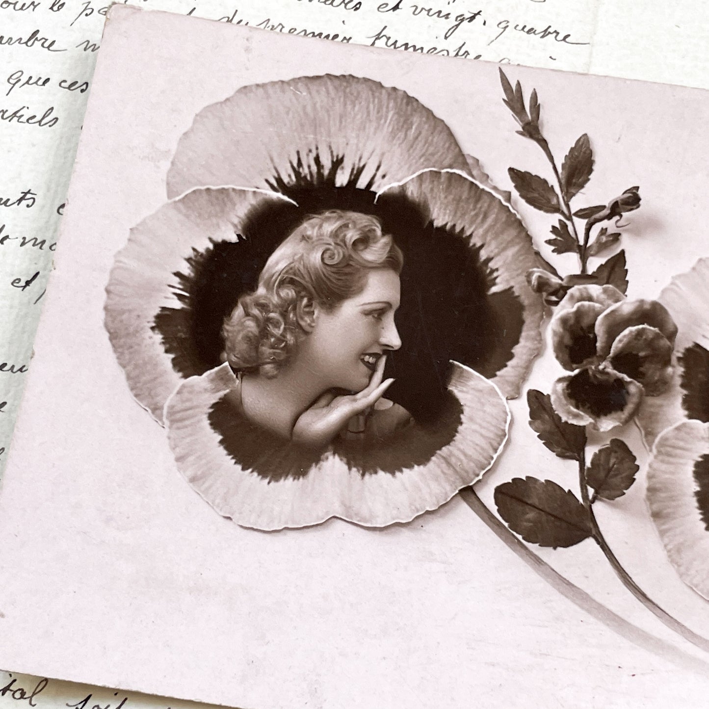 1930s - Vintage French Postcard - Sepia Double Portrait - Man and Woman - Pansy Flower Art Deco Style - P.C. Paris Photo Card - Elegance