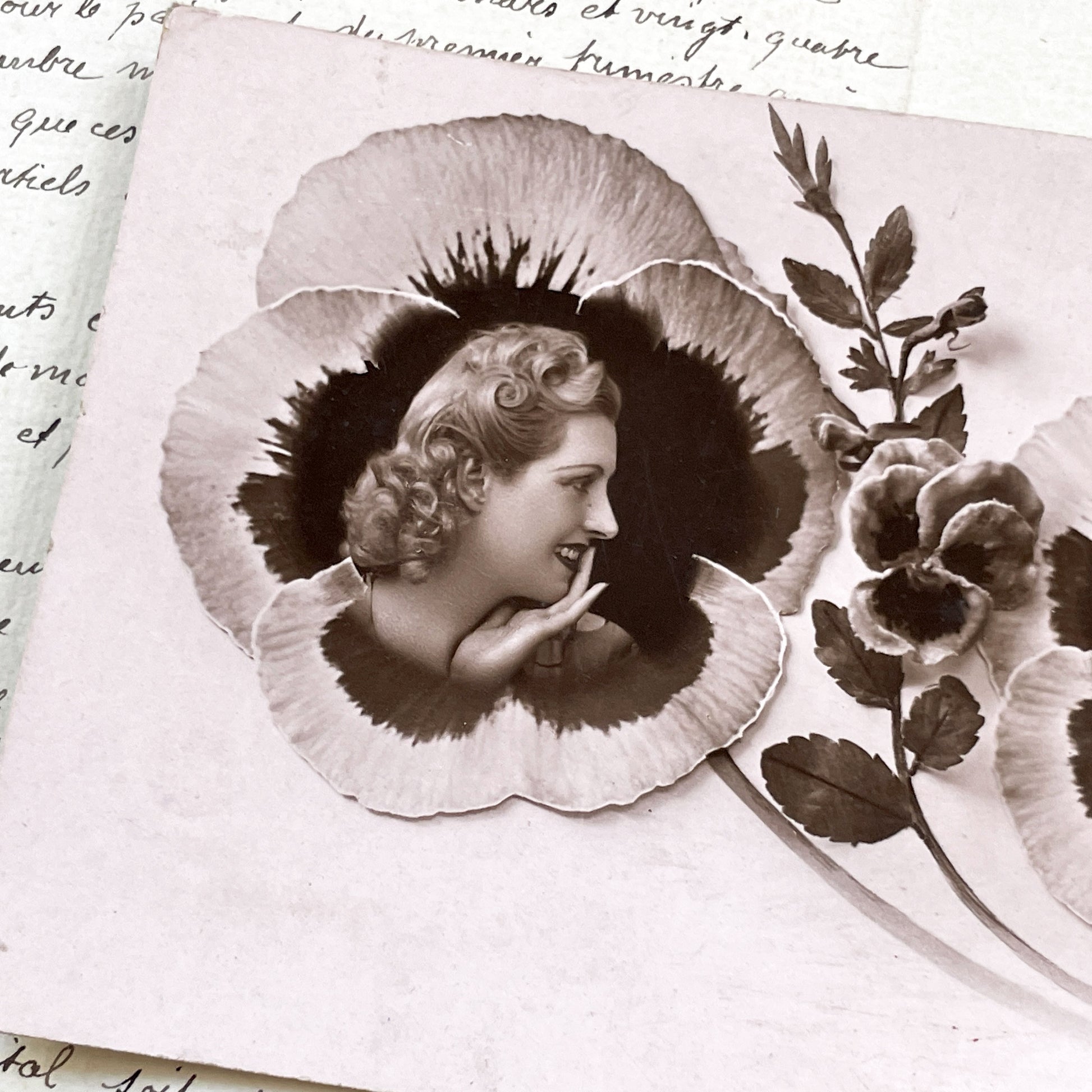 1930s - Vintage French Postcard - Sepia Double Portrait - Man and Woman - Pansy Flower Art Deco Style - P.C. Paris Photo Card - Elegance