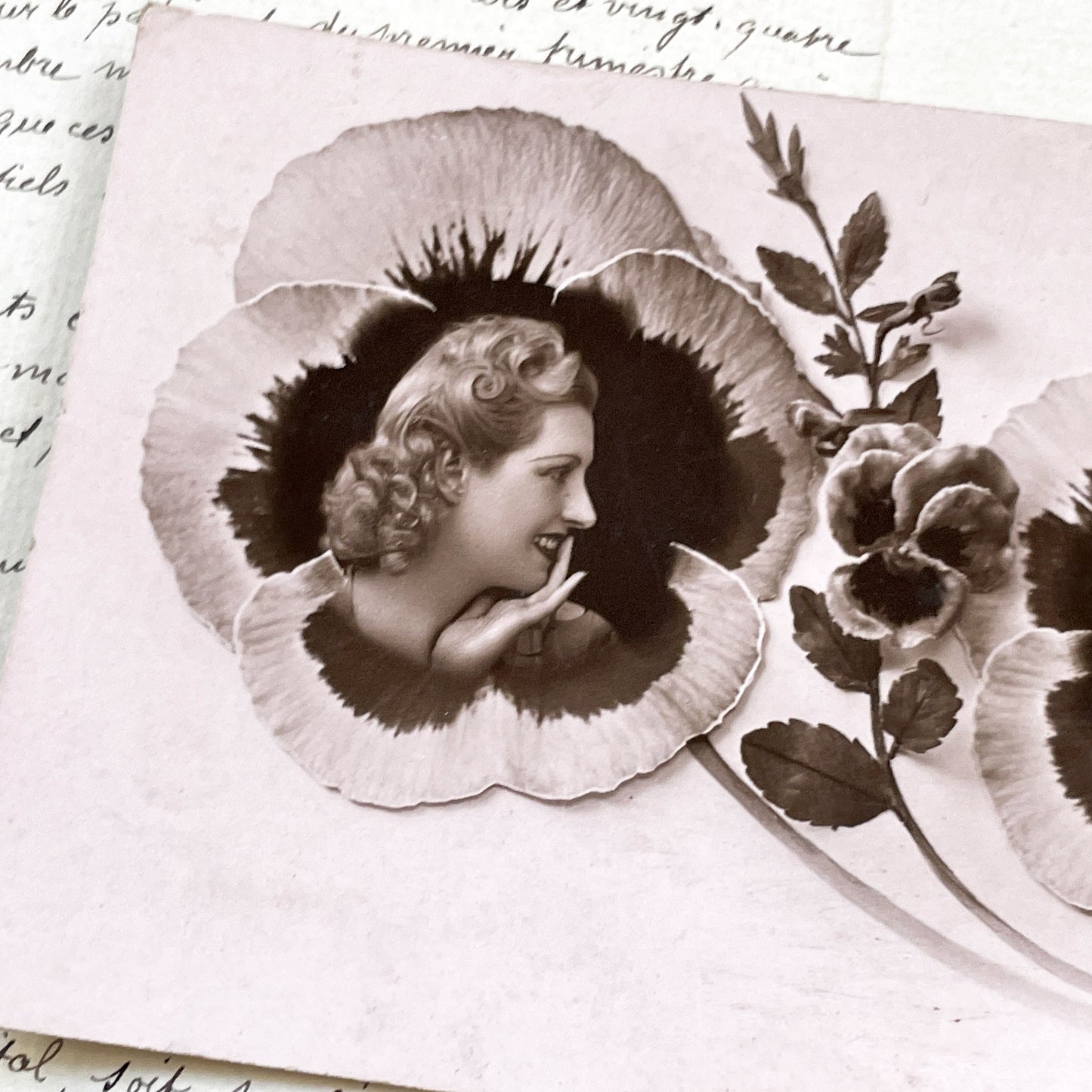1930s - Vintage French Postcard - Sepia Double Portrait - Man and Woman - Pansy Flower Art Deco Style - P.C. Paris Photo Card - Elegance