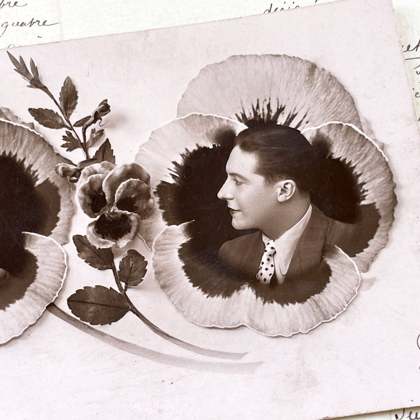 1930s - Vintage French Postcard - Sepia Double Portrait - Man and Woman - Pansy Flower Art Deco Style - P.C. Paris Photo Card - Elegance